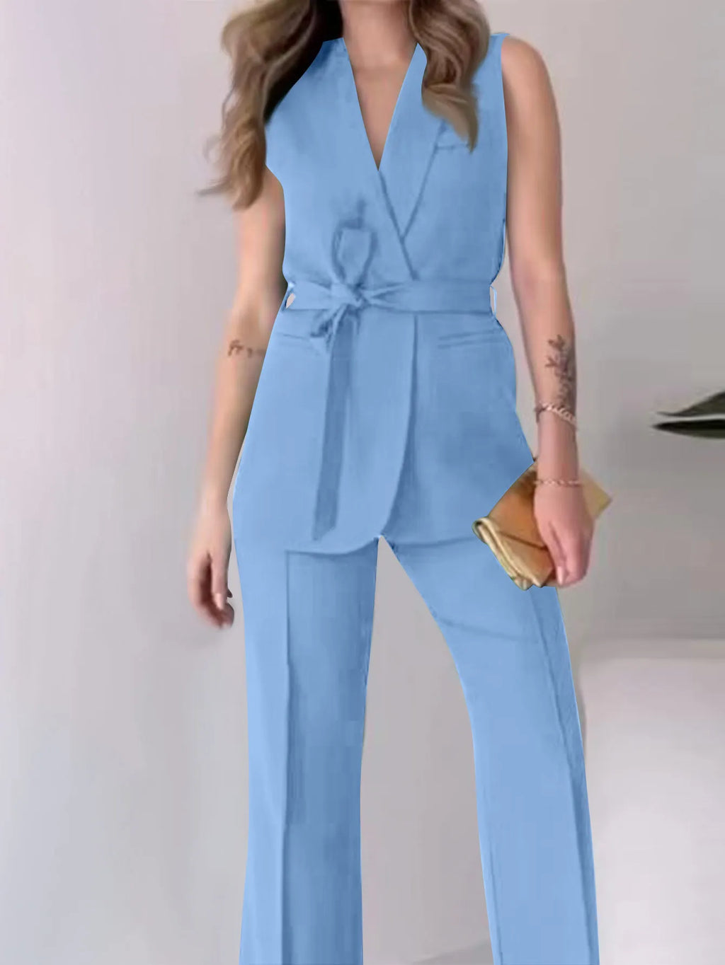 GR | Sleeveless blazer suit, tailored fit, wrap V-neck, wide-leg trousers
