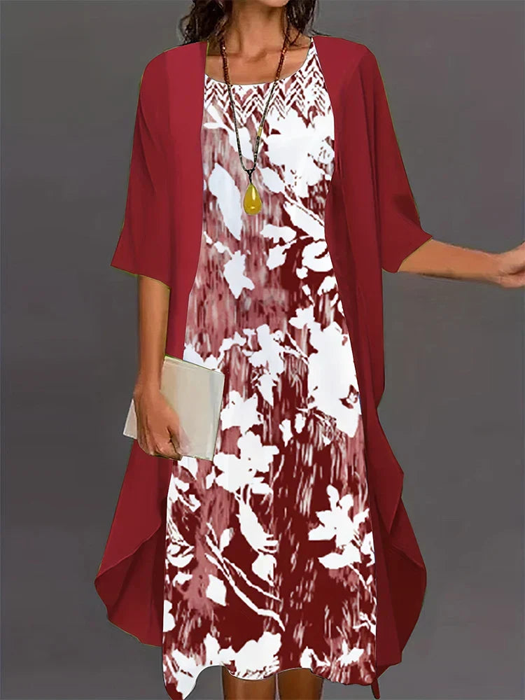 GR | Plus Size Autumn New Women's Floral Pattern Long Dress Printed Pattern Two Piece Dress Round Neck Temperament Elegant Dress