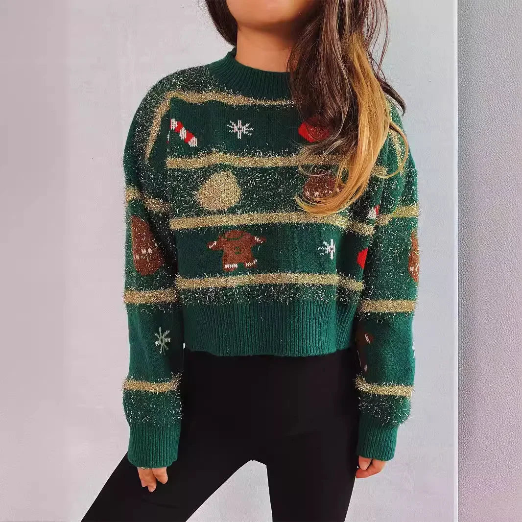 GR - Ugly Christmas Sweater - Jacquard knitted short sweater with gold stripes 