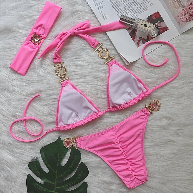 GR | Pink Sexy Bikinis Swimwear with Heart Rhinestones Women's Swimwear Female Push-Up Bikini Beach Swimwear Bathing Suits Pool Swimwear