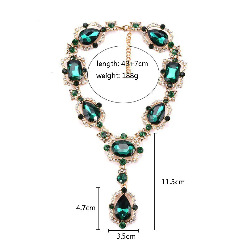 GR | Statement Rhinestones Jewelry Large Gemstone Gem Stone Crystal Victorian Jewelry Green Emerald Bib Necklace for Women