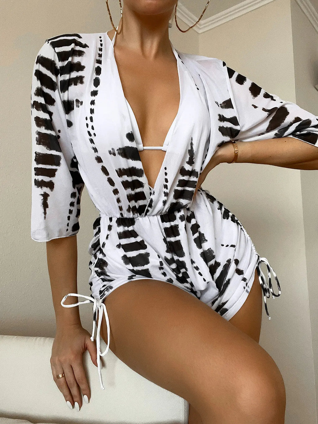 GR | 3-Piece Bikini Tropical Print Swimwear Halter Lace-Up Side Swimsuit Women's Bathing Suit Female Swimming Summer Beachwear