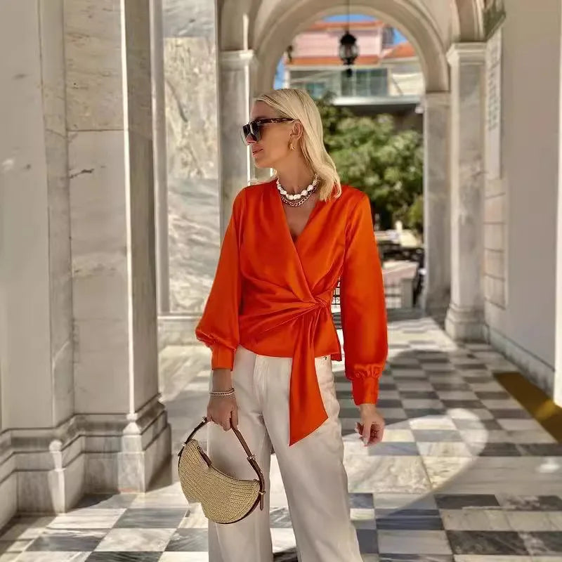 GR | Satin Orange Long Sleeve V-neck Shirt Für Damen in Rot Orange