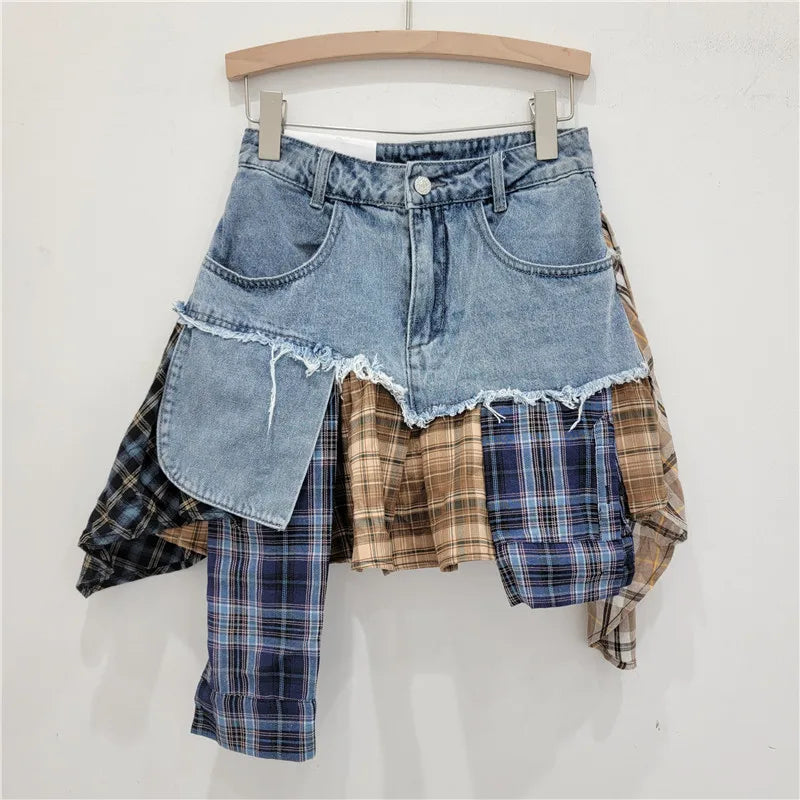GR | Jahrgang Unregelmäßig Patchwork Kariert Röcke Denim Kurz für Frauen Hohe Taille Eingewickelt Hüfte Mini Rock Sommer Weiblich