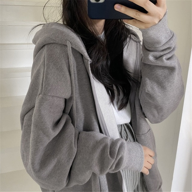 GR Zip-up Oversized Solid Pocket Hooded Long Sleeve Loose Baseball Jacket
