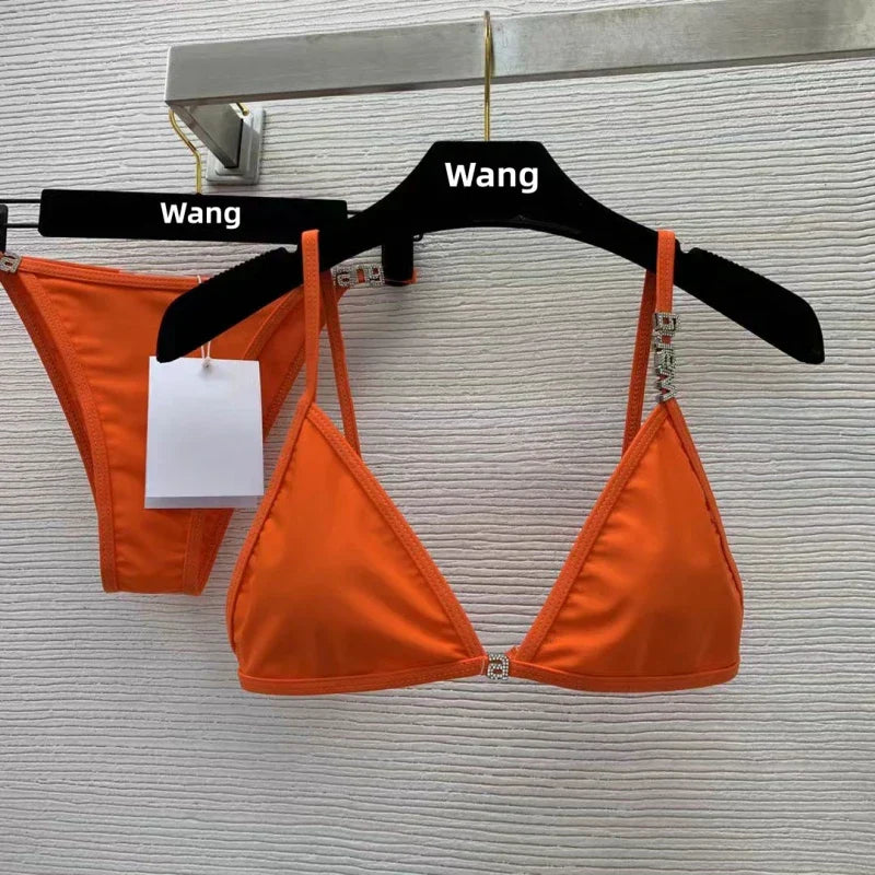 GR | New Rhinestone Letter Wang Beach Bikini Luxury Brand Designer Y2K Fashion Sexy Women's Beach Bikini Duo Set