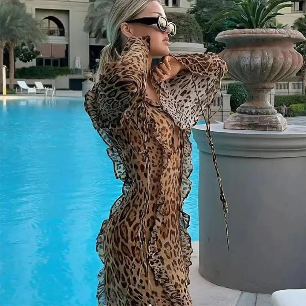 GR | Leopard print dress with ruffles and high slit