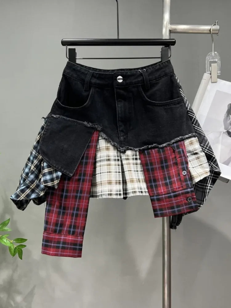 GR | Jahrgang Unregelmäßig Patchwork Kariert Röcke Denim Kurz für Frauen Hohe Taille Eingewickelt Hüfte Mini Rock Sommer Weiblich