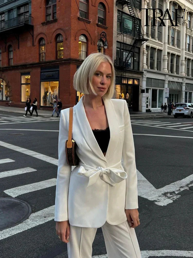 GR | Women's Casual Blazer, Chic Outerwear, Elegant Flared Trousers, Long Sleeve, V-neck, Belt, Office Commuter Suit Set