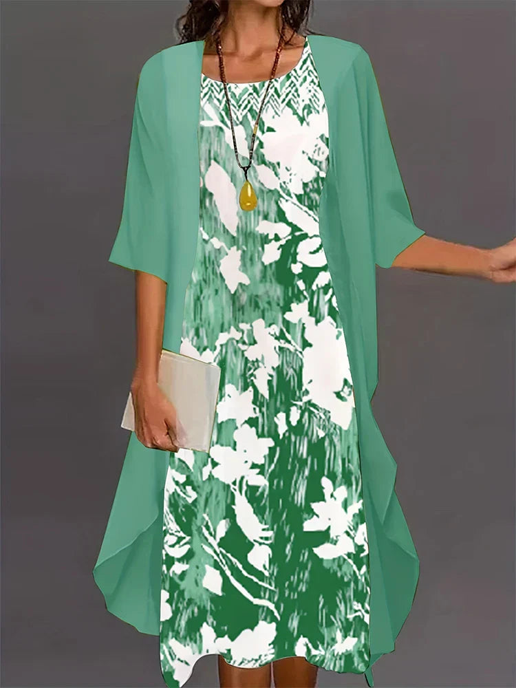 GR | Plus Size Autumn New Women's Floral Pattern Long Dress Printed Pattern Two Piece Dress Round Neck Temperament Elegant Dress