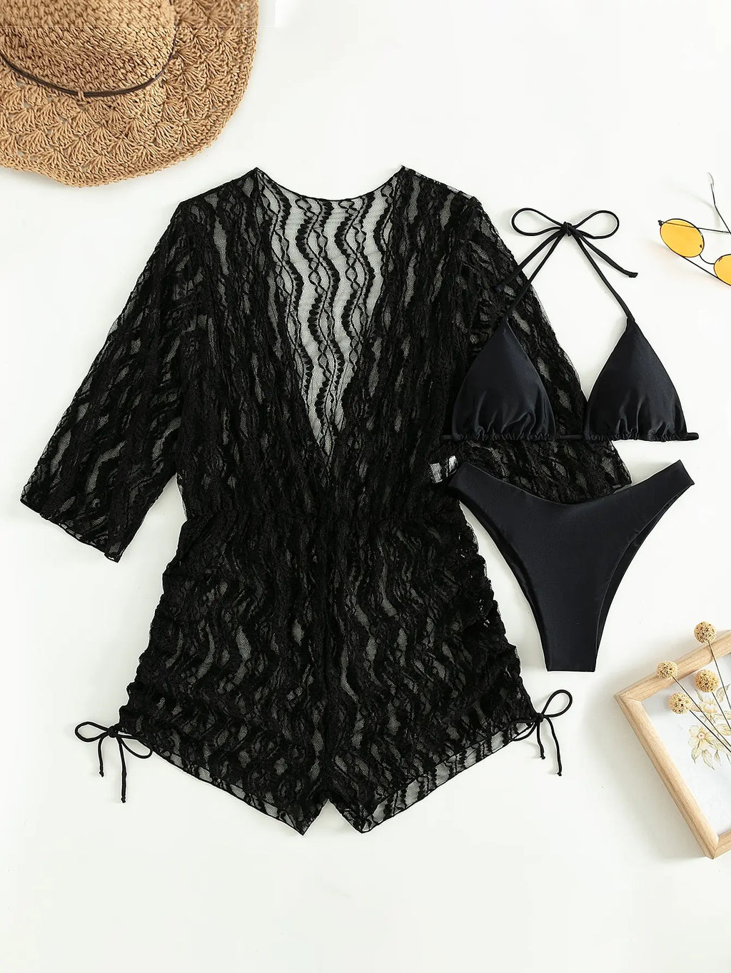 GR | 3-Piece Bikini Tropical Print Swimwear Halter Lace-Up Side Swimsuit Women's Bathing Suit Female Swimming Summer Beachwear