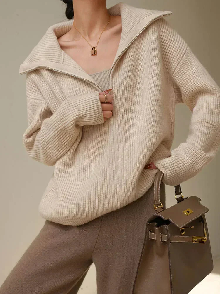 Striped turtleneck women's sweater with zipper