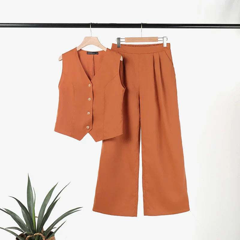 GR Modern Set | Elegant sleeveless V-neck top and wide-leg trousers women's suit
