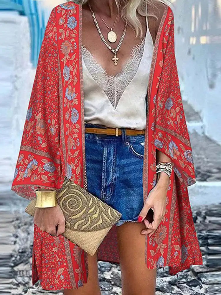 GR | Sommerlicher Damen Strickjacke Im Boho Stil Mit Buntem Blumenmuster