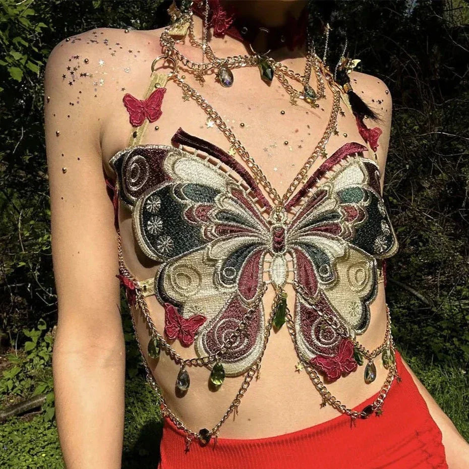 GR | Embroidered Y2k Butterfly Crop Top