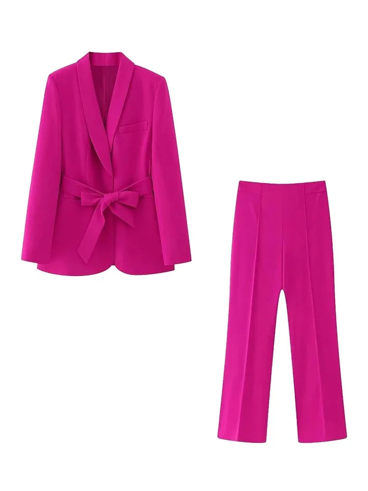 GR | Women's Casual Blazer, Chic Outerwear, Elegant Flared Trousers, Long Sleeve, V-neck, Belt, Office Commuter Suit Set