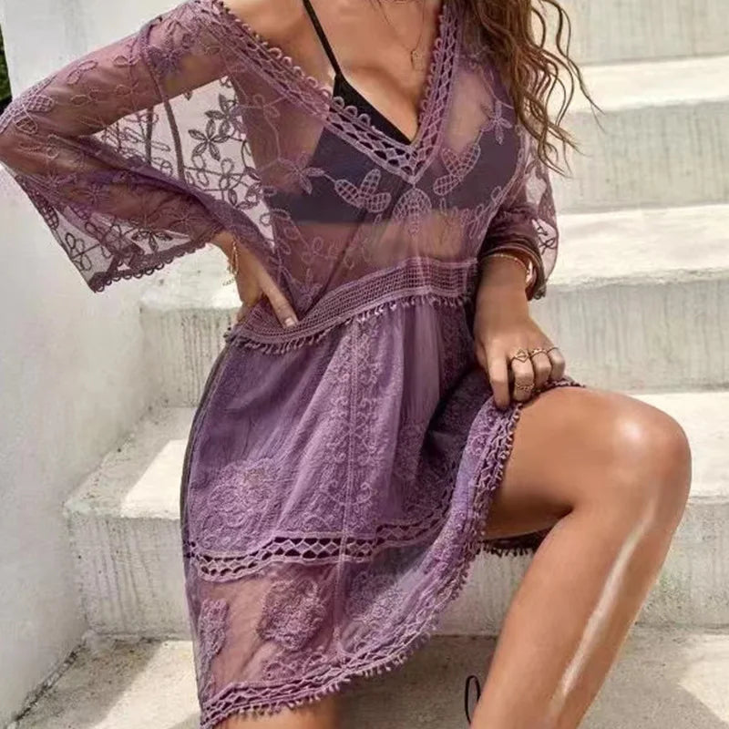 GR | Beach throw V-neck crochet tunic dress