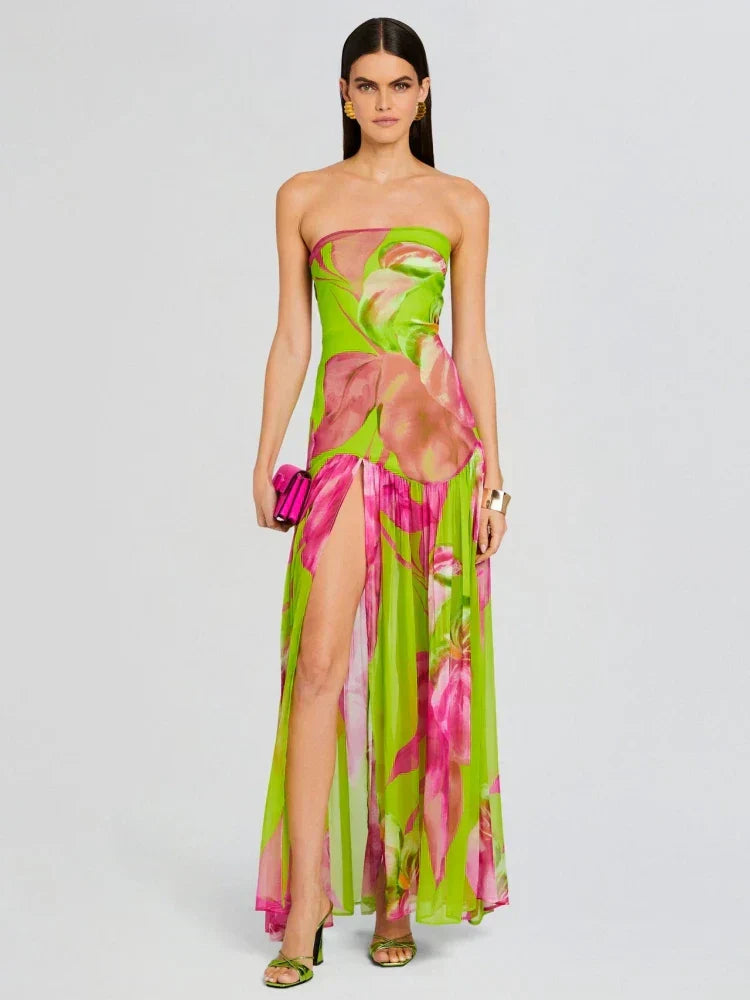 GR | New Summer Print Strapless Mesh Patchwork Slit Long Dress Women Sexy Sleeveless Printed Colorful Holiday Maxi Dress Party