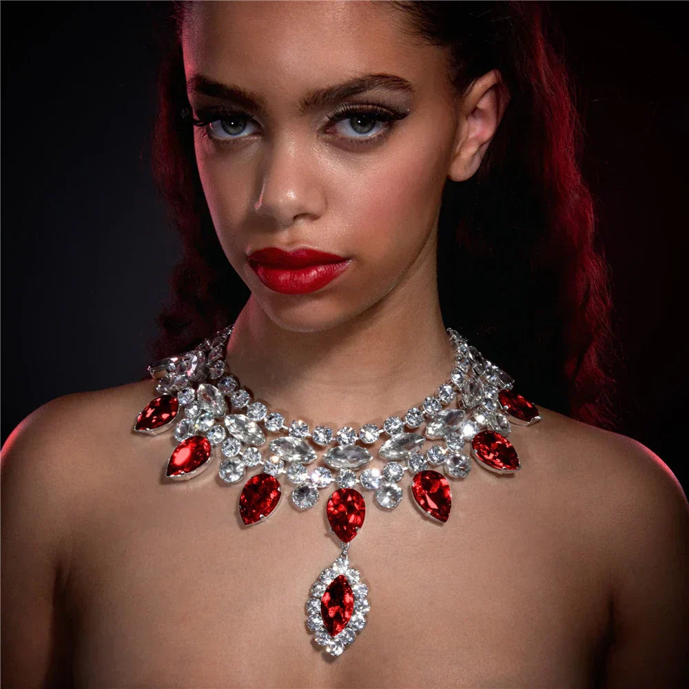 GR | Boho Silver Luxury Rhinestone Water Drop Pendant Choker for Women Sexy Crystal Neck Collar Statement Necklace Jewelry Accessory