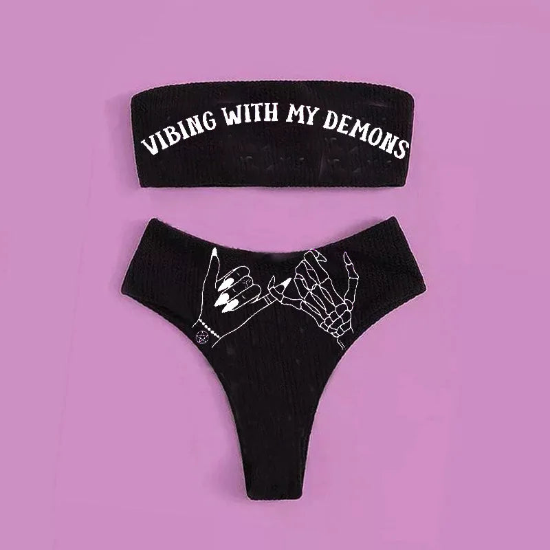 GR | Sexy Goth Bikini Women's Letter Skull Print Swimsuit Split Swimsuit High Waist Gothic Bikini Set Beach Outfits