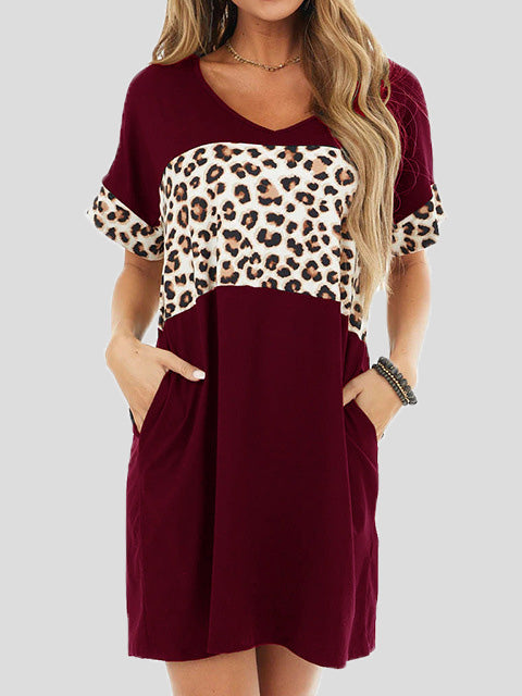 GR | Women's Crew Neck Leopard Panel Dress with Pocket, Casual Dress