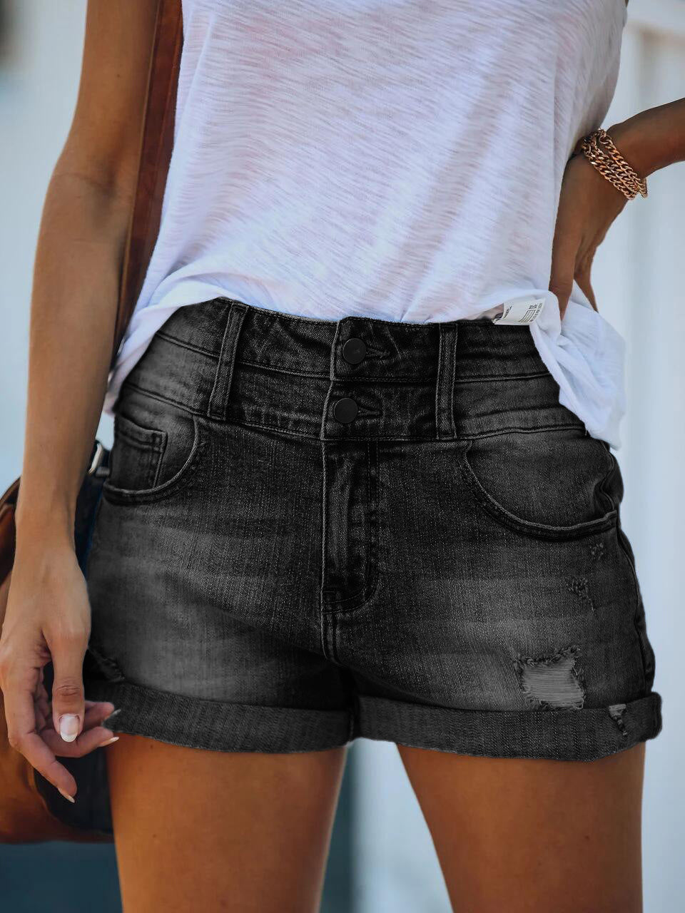 GR | Women's Denim Shorts Ripped Rolled Stretch High Waist Denim Shorts