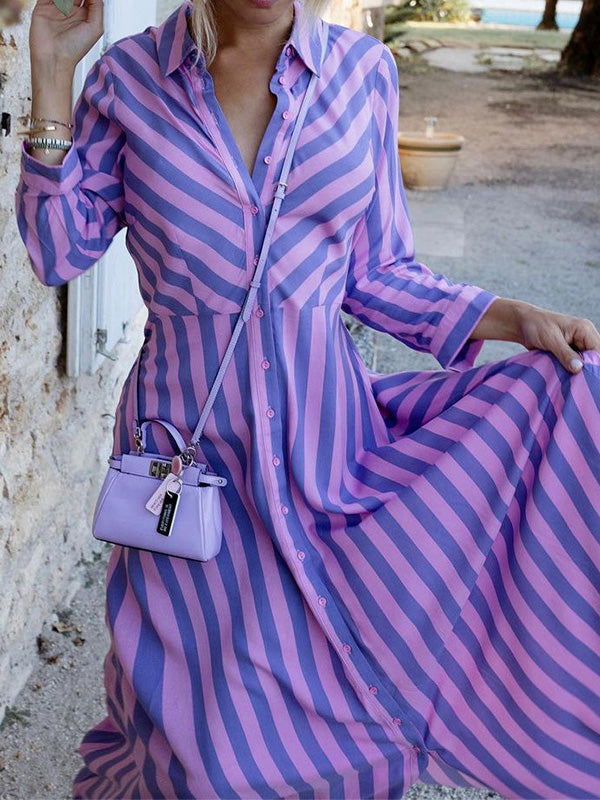 GR | Women's Striped Dress with Lapel Button, Long Sleeve Shirt Dress