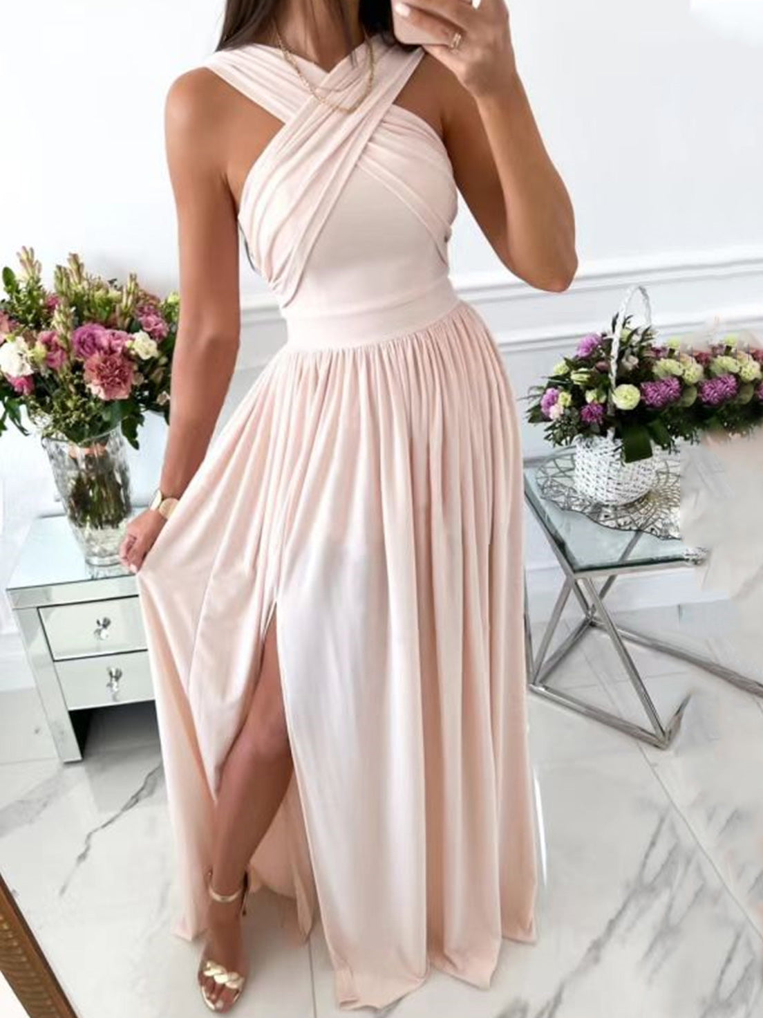 GR | Damenkleider Halsbinde Offener Rücken Ärmellos Schlitz Kleid