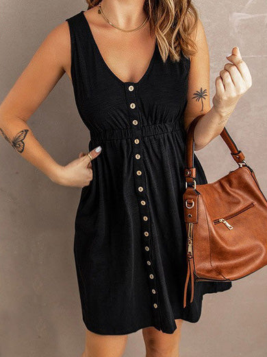 GR | Women's Dresses Solid Color Button Elastic Waist Sleeveless Dress
