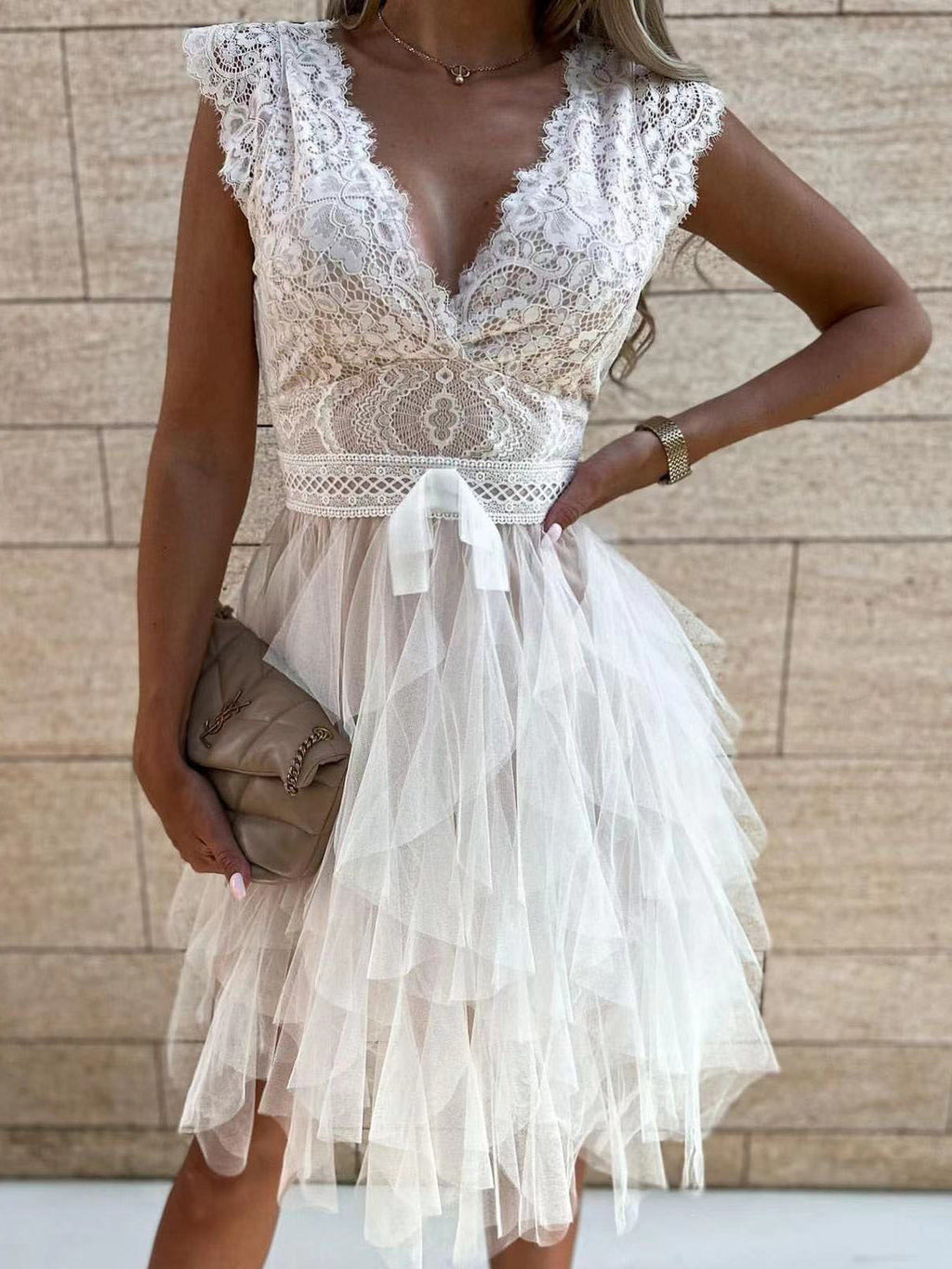 GR | Women's V-neck Lace Mesh Irregular Dress