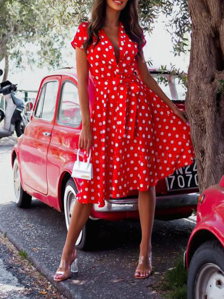 GR | Women's Dress Spot Print V-Neck Short Sleeve Dress