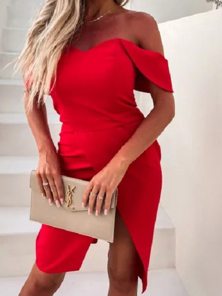 GR | Women's Solid One Shoulder Slim Fit Slit Dress
