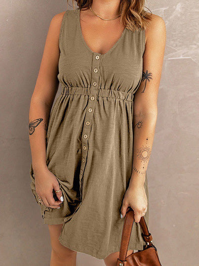 GR | Women's Dresses Solid Color Button Elastic Waist Sleeveless Dress