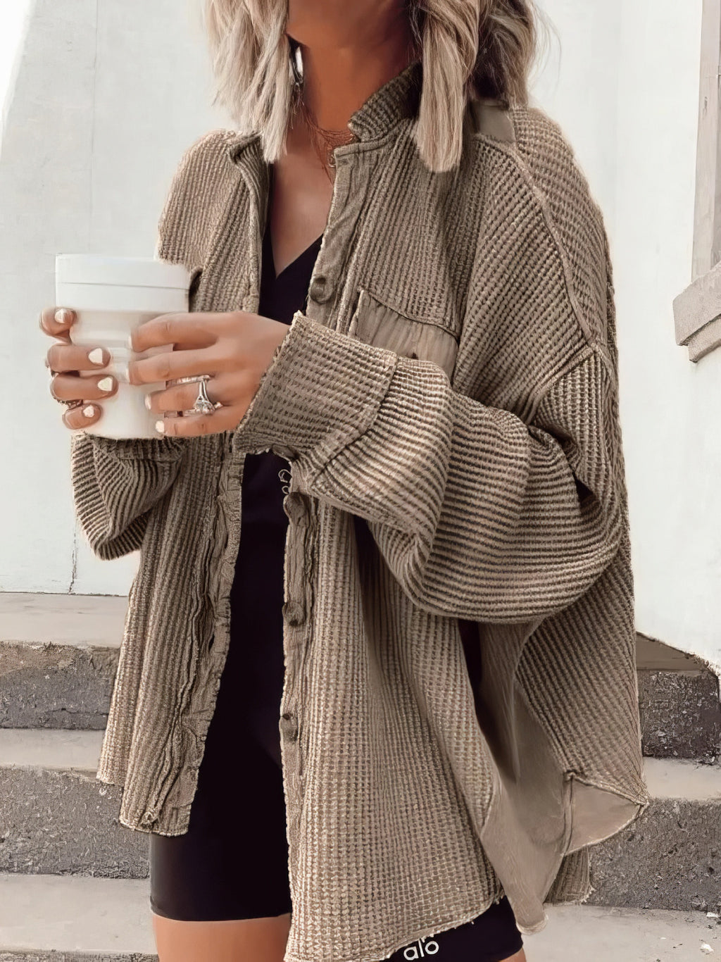 Waffelknopf-Langarmhemdjacke