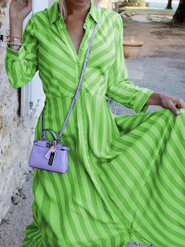 GR | Women's Striped Dress with Lapel Button, Long Sleeve Shirt Dress