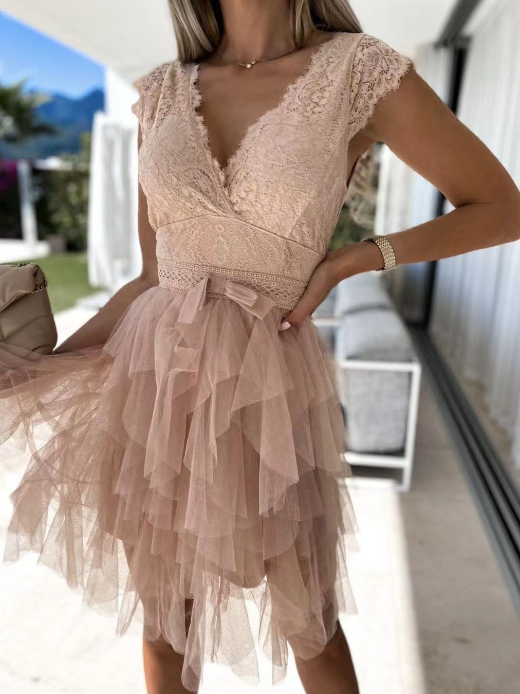 GR | Women's V-neck Lace Mesh Irregular Dress