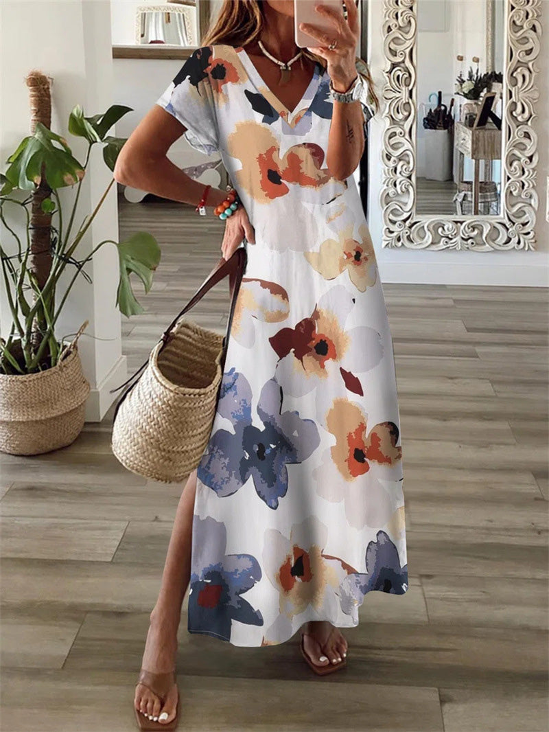 GR | Women's Floral Print V-Neck Short Sleeve Slit Dress