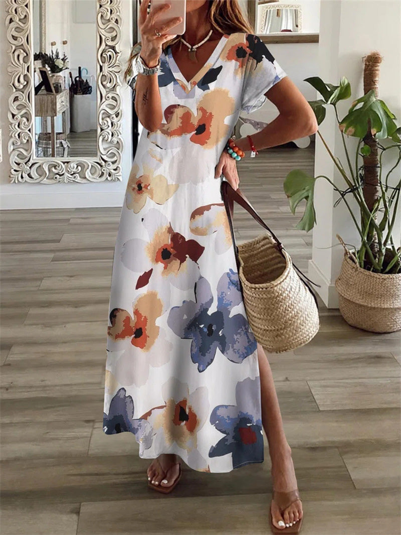 GR | Women's Floral Print V-Neck Short Sleeve Slit Dress