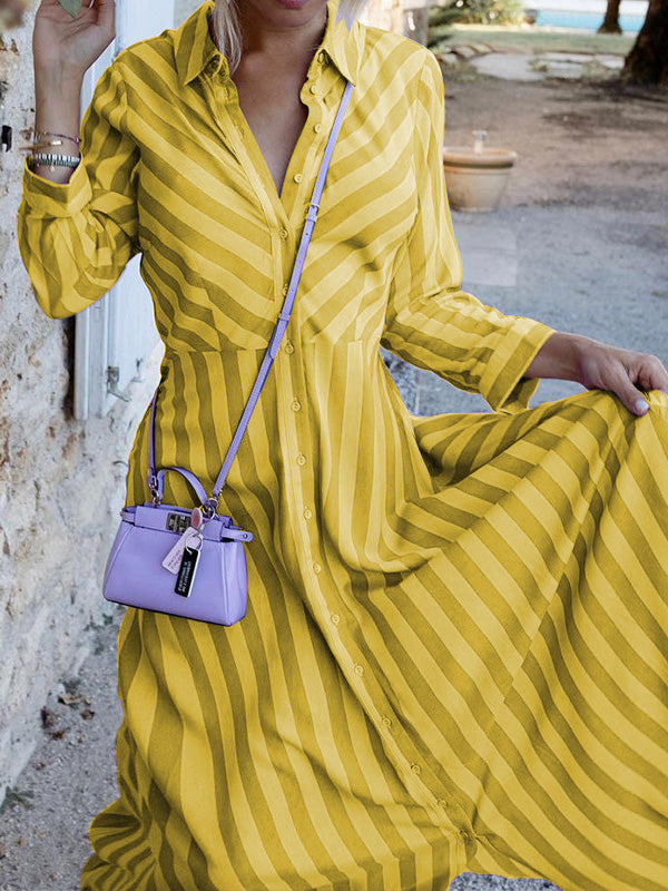 GR | Women's Striped Dress with Lapel Button, Long Sleeve Shirt Dress