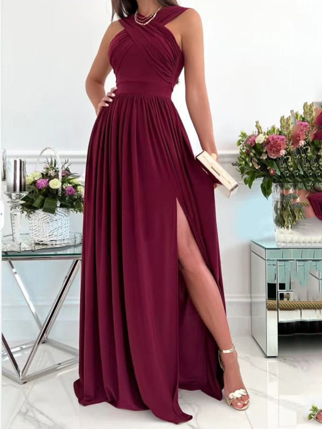 GR | Damenkleider Halsbinde Offener Rücken Ärmellos Schlitz Kleid