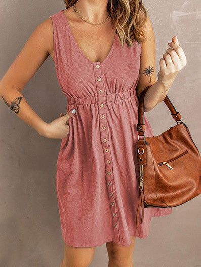 GR | Women's Dresses Solid Color Button Elastic Waist Sleeveless Dress