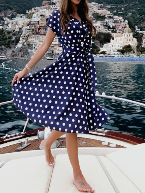 GR | Women's Dress Spot Print V-Neck Short Sleeve Dress