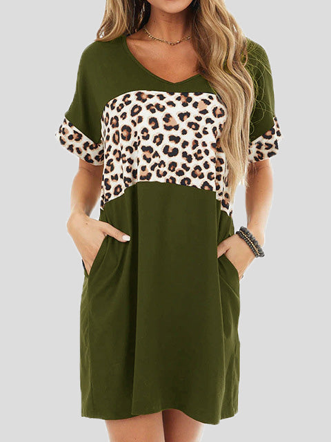 GR | Women's Crew Neck Leopard Panel Dress with Pocket, Casual Dress