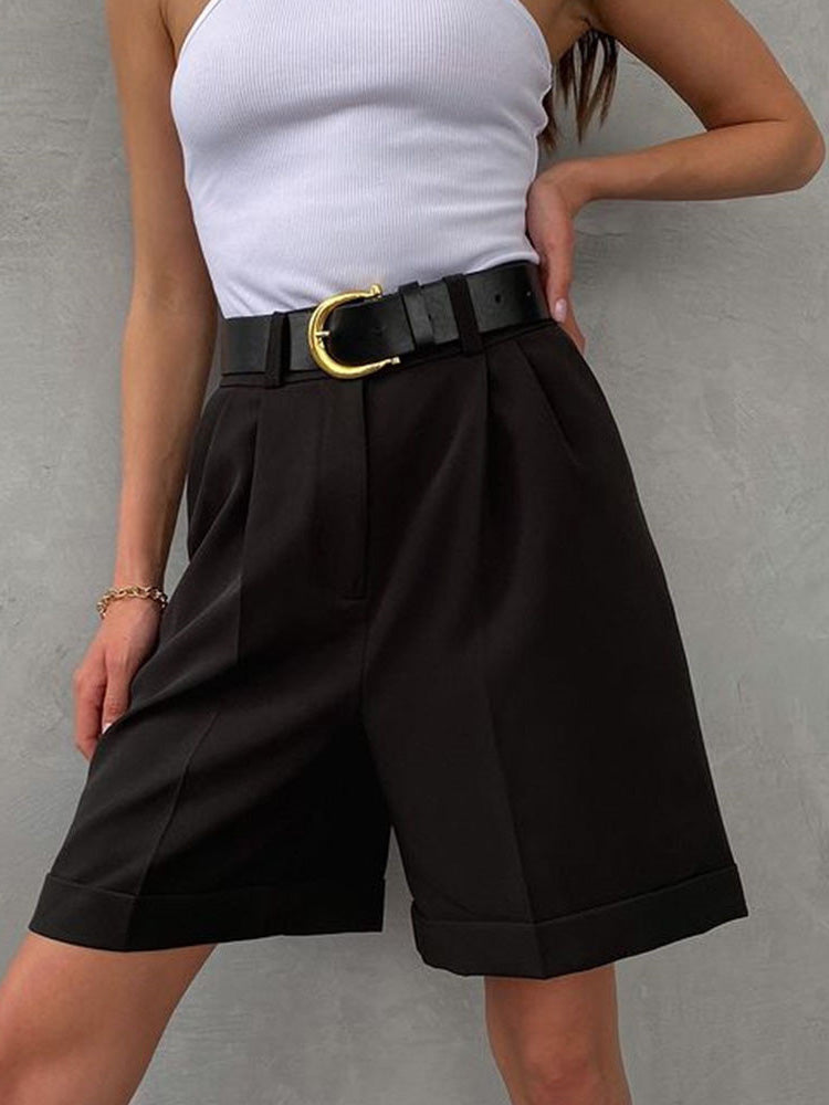 GR | Damen Shorts Einfarbig Reißverschluss Tasche Gerade Shorts