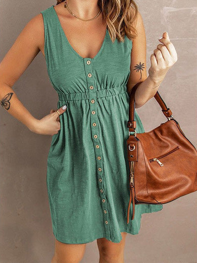 GR | Women's Dresses Solid Color Button Elastic Waist Sleeveless Dress
