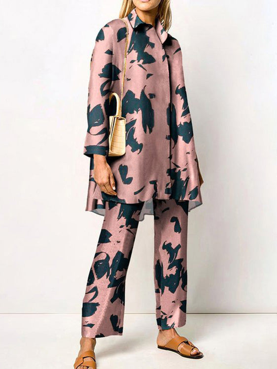GR | Women's Set Printed Long-Sleeve Blouse & Trousers Two-Piece Set