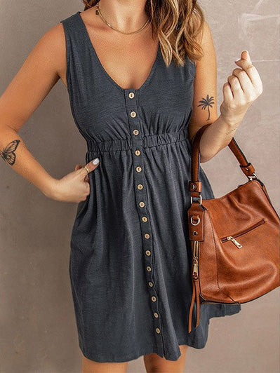 GR | Women's Dresses Solid Color Button Elastic Waist Sleeveless Dress