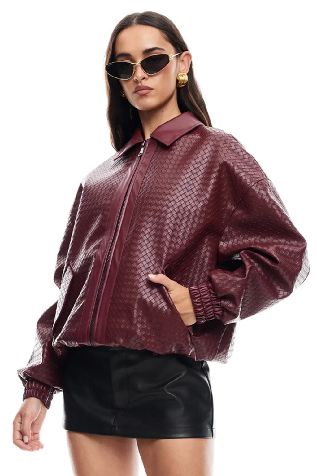 GR | Woven Faux Leather Bomber Jacket