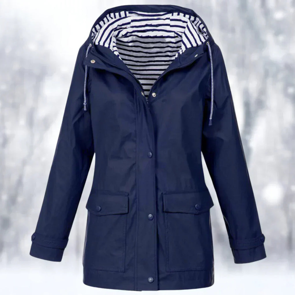 GR | Waterproof rain jacket with hood, adjustable drawstring, zipper & button closure