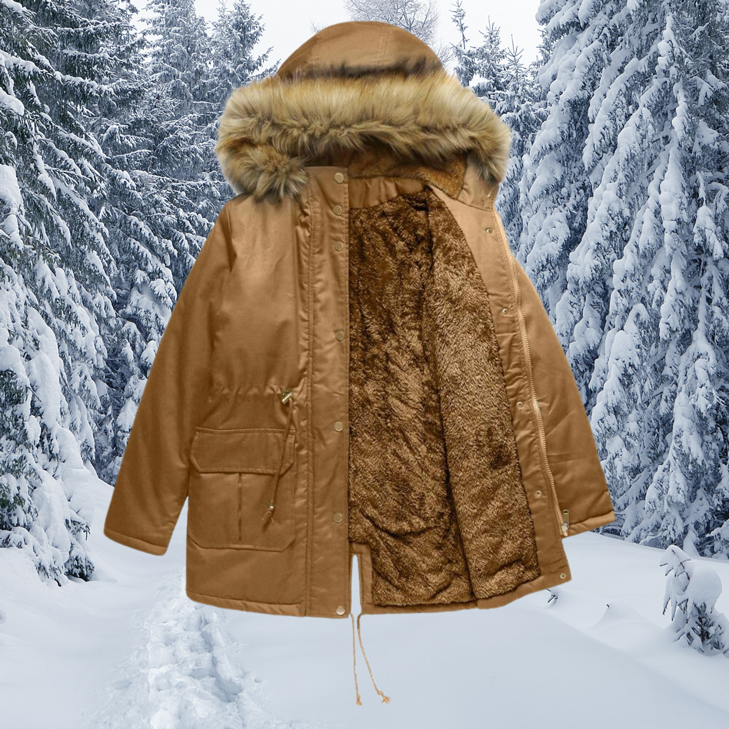 Padded fur collar with hood. Warm winter jacket.